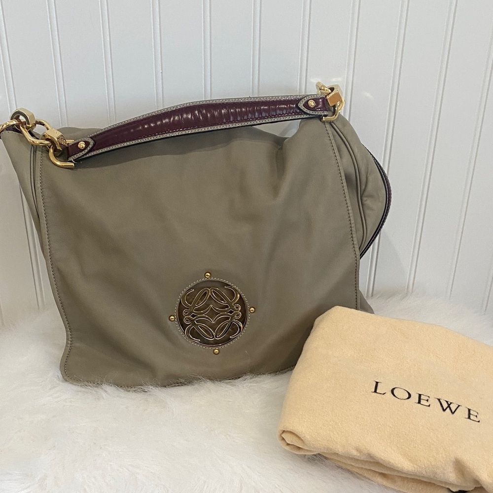Authentic Rare Vintage Loewe Anagram Taupe and Burgundy Shoulder Flap Bag